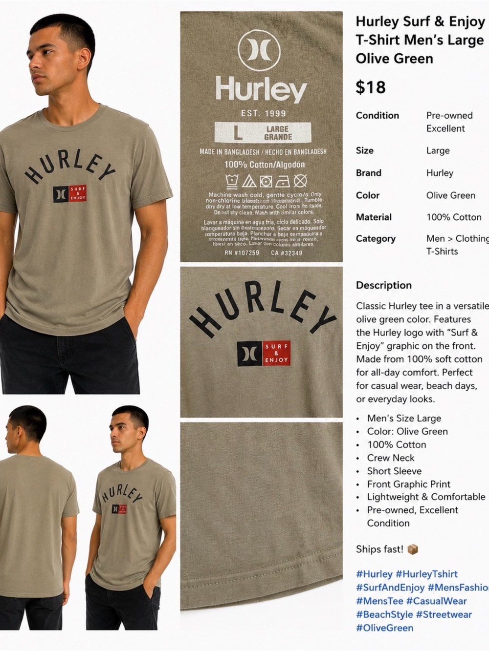 Hurley Olive Green 'Surf & Enjoy' Graphic Tee - Men's